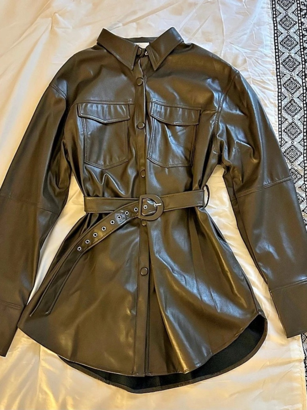 Army Green Faux Leather Belted Shirt